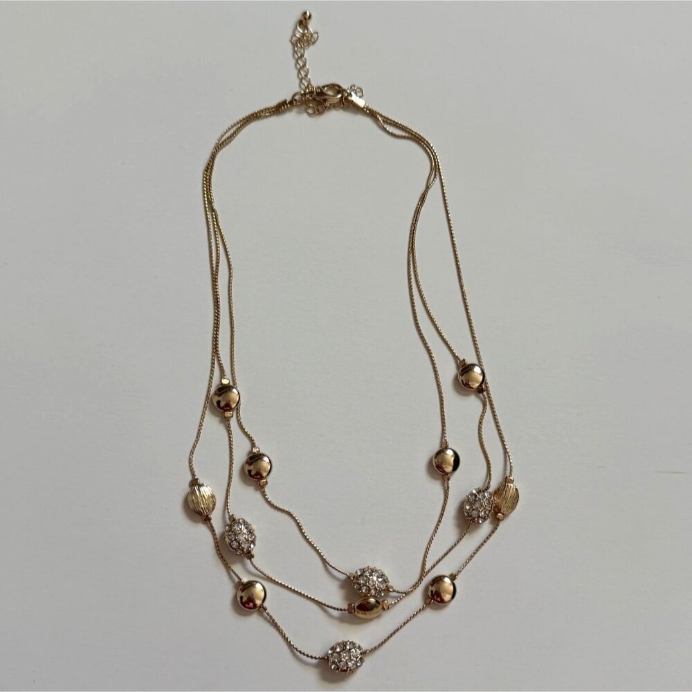 Multi-Strand Gold Tone Necklace W/ A Mixture of Beads & Rhinestones-11 in